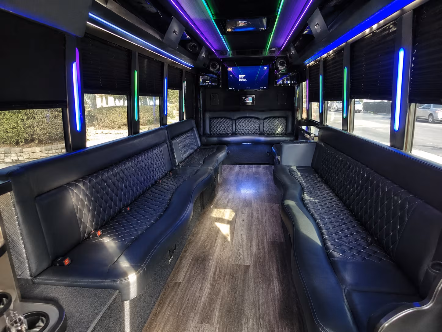 Interior of a party bus rental serving Long Island